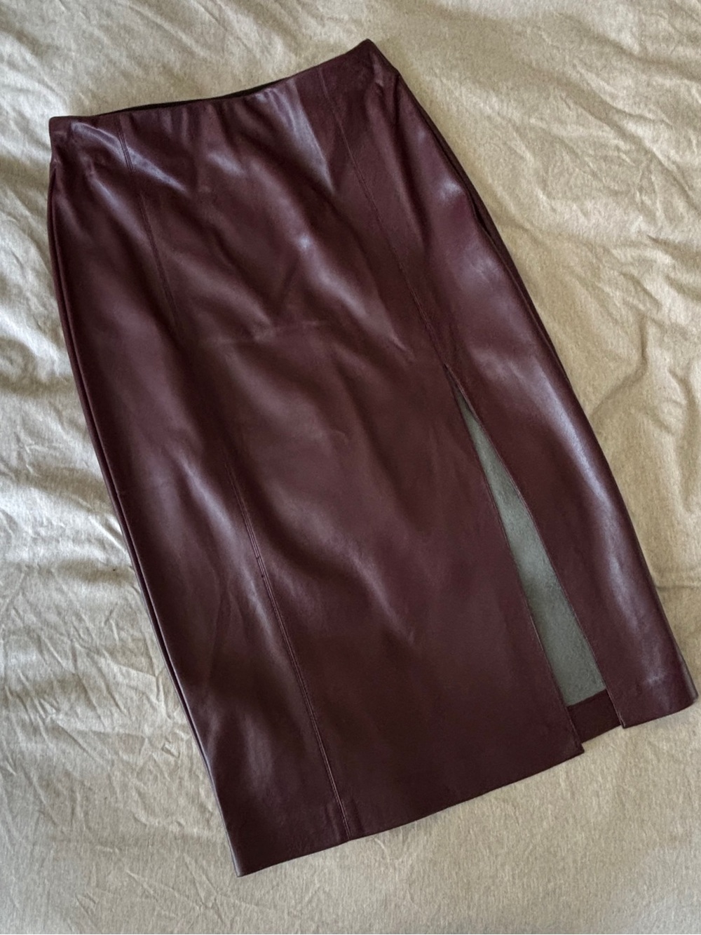 Dynamite Soft Faux Leather Midi Pencil Skirt in Deep Burgundy